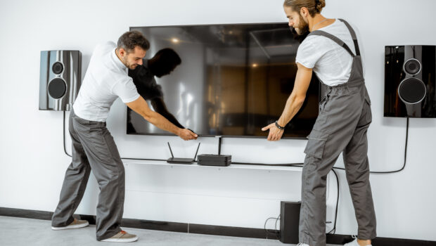 Two professional workmen in workwear installing a large TV monitor and audio system in the white living room. Home appliances installation concept